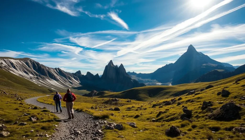 A rugged mountain trail winds through lush alpine meadows, punctuated by towering granite peaks under a brilliant blue sky. In the foreground, hikers navigate a well-defined path, their steps crunching on gravel and loose rocks. Sunlight filters through wispy clouds, casting warm, dynamic shadows across the landscape. The middle ground features dramatic rock formations, their rough textures contrasting with the soft, grassy slopes. In the distance, the iconic summit of Mount Whitney rises majestically, its snow-capped peak piercing the horizon. The scene exudes a sense of adventure, inviting the viewer to explore the grandeur of this iconic California wilderness.