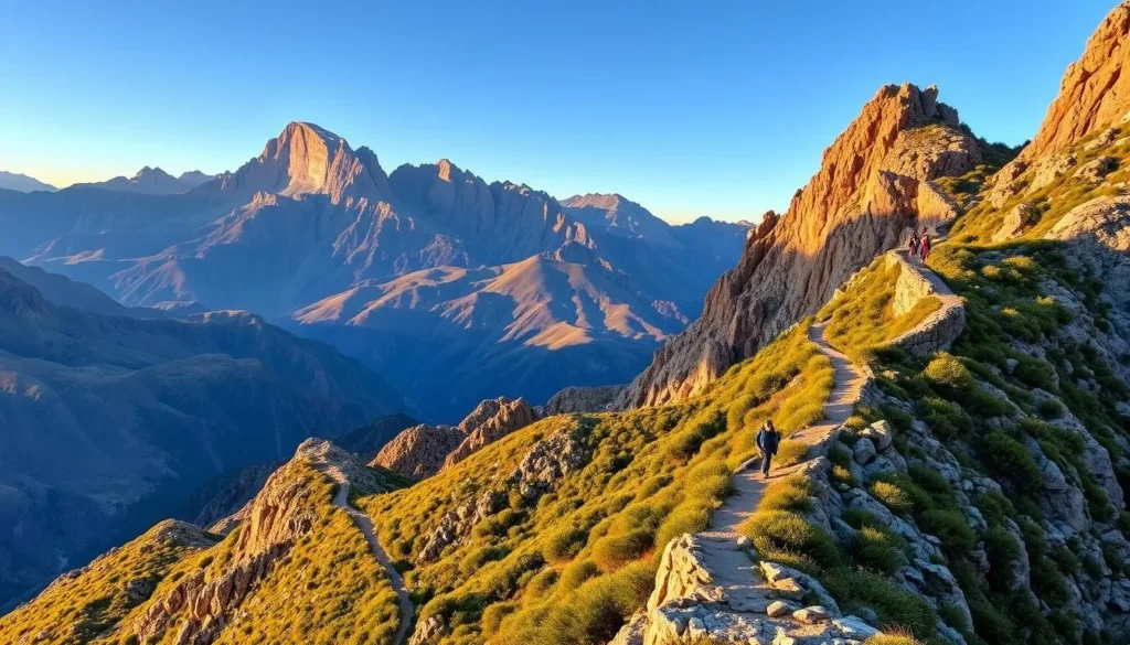 A rugged mountain trail winds through the dramatic landscape of the Devil's Backbone, California. Towering peaks loom in the distance, their craggy slopes bathed in warm, golden sunlight. In the foreground, the trail snakes along the spine of the ridge, offering breathtaking views of the surrounding valleys and canyons. Hikers traverse the narrow path, navigating rocky outcroppings and tight switchbacks with a sense of exhilaration. The air is crisp and clear, with a gentle breeze rustling the lush, green vegetation that clings to the steep slopes. This is a place of natural wonder and rugged adventure, a true test of one's endurance and spirit.