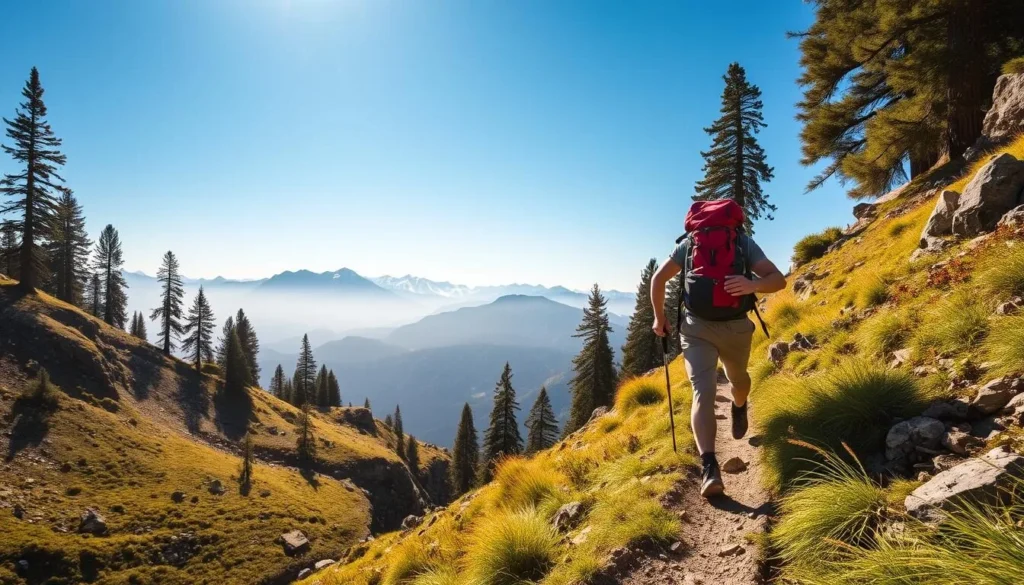 A rugged mountain trail winds through the lush alpine meadows, as a determined hiker ascends the steep incline, their backpack laden with supplies. Crisp, cool air fills their lungs, and the sunlight filters through the towering pines, casting a warm glow over the scene. In the distance, the majestic peaks of the Mount Whitney Range rise, their snow-capped summits glimmering against the clear, azure sky. The hiker's pace is steady, their stride strong, as they push forward, their muscles straining with each step, preparing for the challenges that lie ahead on their journey to the summit.