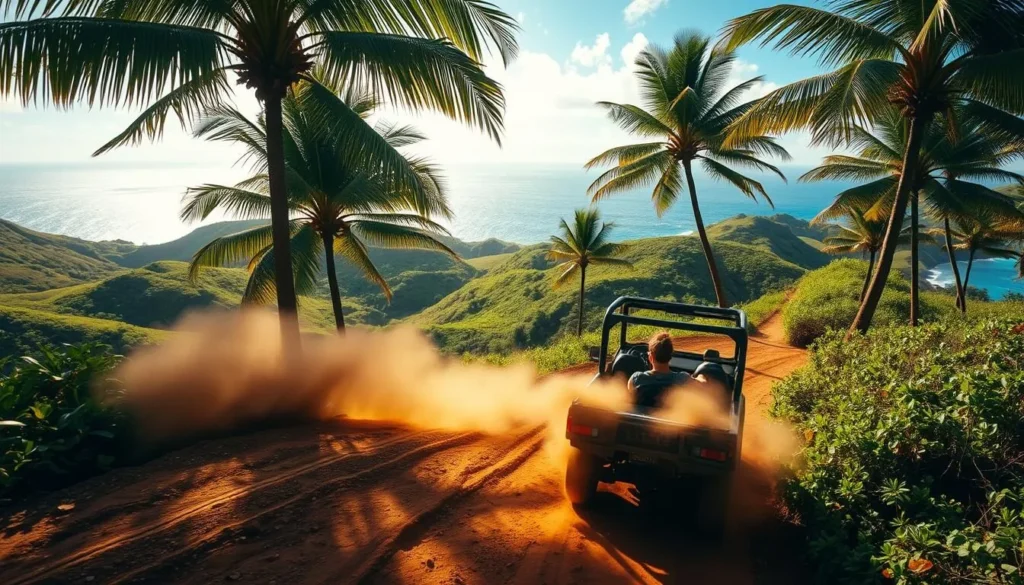 A rugged off-road vehicle navigates a winding dirt trail, kicking up a cloud of dust against a backdrop of lush, verdant hills. Sunlight filters through the canopy of swaying palm trees, casting a warm, golden glow over the scene. In the distance, the azure waters of the Pacific Ocean shimmer invitingly. Adventurous hikers and nature enthusiasts explore the untamed terrain, reveling in the thrill of the Lanai Off-Road Adventure.