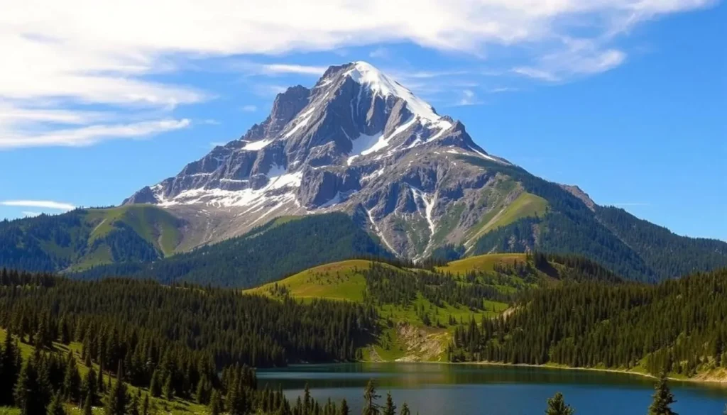 A rugged, snow-capped peak rises majestically against a clear, azure sky. The Yolla Bolly mountain range, part of the Middle Eel Wilderness in Northern California, dominates the foreground with its dramatic, angular profile. Surrounding the peak, lush, verdant forests cloak the rolling hills, hinting at the rich biodiversity that thrives in this untamed landscape. In the middle ground, a crystalline alpine lake reflects the towering mountain, its calm waters mirroring the dramatic scenery. The overall scene conveys a sense of awe-inspiring natural wonder, inviting the viewer to explore the geological marvels of this remote and rugged wilderness.