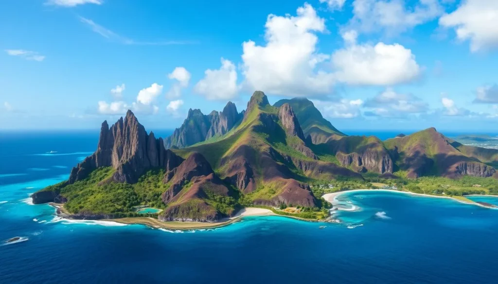 A rugged volcanic island rising from the azure waters of French Polynesia, Ua Pou is a landscape of dramatic cliffs, verdant valleys, and towering basalt pinnacles. Capture the island's natural splendor with a wide-angle lens, showcasing the lush foliage and jagged peaks that form the island's distinctive silhouette against a backdrop of pristine skies and fluffy white clouds. Focus on the island's iconic Tautuaki Rock formations, their towering forms casting long shadows across the tranquil bays and inlets that dot the coastline. Imbue the scene with a sense of serenity and adventure, inviting the viewer to imagine stepping onto the island's pristine shores and exploring its hidden wonders.