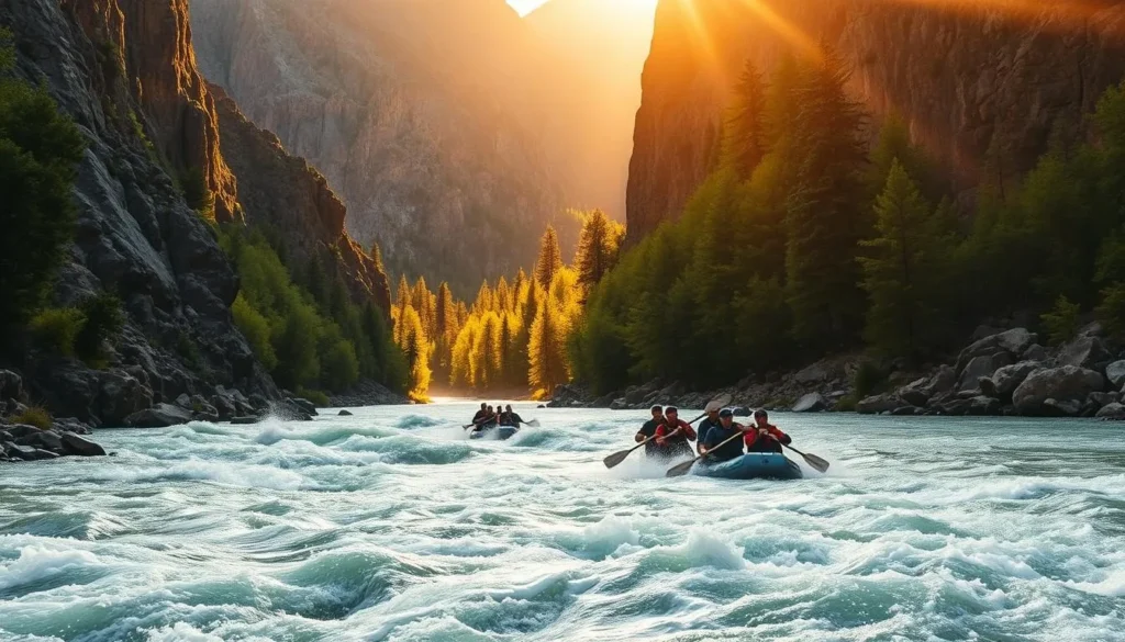 A rushing river cuts through rugged Sierra Nevada terrain, its foaming white waters beckoning adventurous rafters. In the foreground, a raft of thrill-seekers paddles powerfully, navigating through churning rapids flanked by towering granite cliffs. The midground is filled with lush, verdant foliage, creating a dramatic contrast against the rocky slopes. Warm, golden sunlight filters through the scene, casting a radiant glow over the whole composition. The overall atmosphere is one of adrenaline-fueled excitement and immersion in the great outdoors.