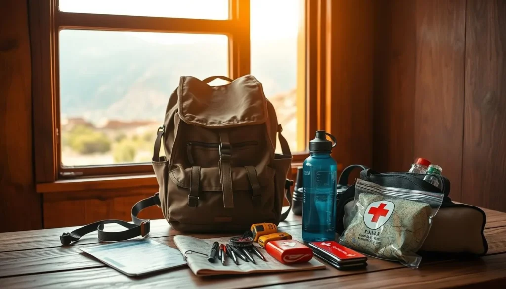 A rustic hiking backpack sits on a wooden table, surrounded by essential gear for a day's trek in the Dana Biosphere Reserve. Nearby, a map, compass, reusable water bottle, and first-aid kit are neatly arranged, conveying a sense of preparedness. The warm, natural lighting filters through a window, casting a cozy glow over the scene. In the background, a glimpse of the lush, rugged landscape of the reserve can be seen through the window, hinting at the adventure to come. The overall mood is one of anticipation and exploration, perfectly suited for a visit to this stunning Jordanian nature preserve.