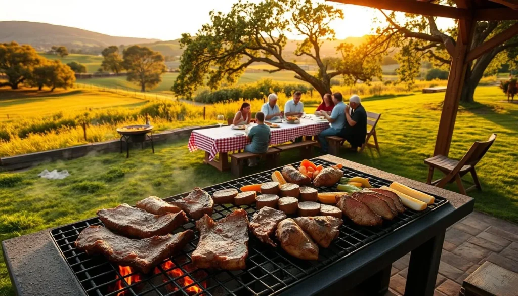 A rustic outdoor scene of a Santa Maria-style barbecue setup in a lush, green landscape. In the foreground, a large, wood-fired grill with sizzling tri-tip steaks, juicy chicken, and fresh vegetables. The middle ground features a long wooden table with a checkered tablecloth, surrounded by groups of people enjoying the meal together. In the background, rolling hills, oak trees, and a warm, golden sunset cast a tranquil, welcoming atmosphere. The scene is illuminated by the warm, flickering flames of the grill and the natural light, creating a cozy, convivial mood.