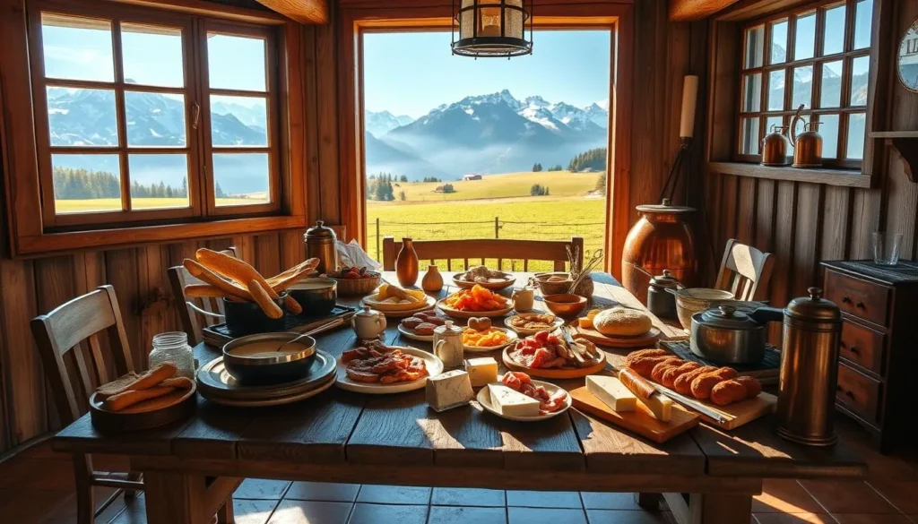 A rustic wooden table set with an array of traditional Swiss alpine cuisine - fresh-baked rye bread, creamy fondue, air-dried meat, and local cheeses. Sunlight streams through large windows, highlighting the cozy, mountainous ambiance. Antique wood paneling and tiled floors create a warm, inviting atmosphere. Copper pots and vintage kitchenware add to the authentic alpine charm. In the background, snow-capped peaks loom over a tranquil meadow, completing the serene Swiss countryside setting.