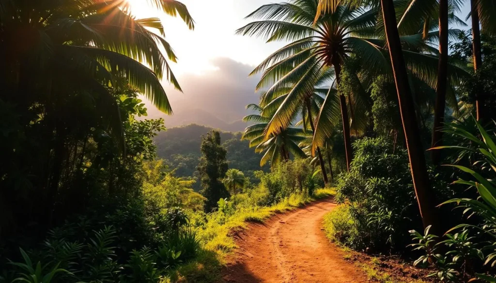 A scenic Hawaiian hiking trail winding through lush, verdant forest. In the foreground, a well-maintained dirt path leads the viewer deeper into the scene. Towering palm trees and vibrant tropical foliage frame the middle ground, casting gentle dappled shadows across the trail. In the background, a distant mountain range rises up, its peaks shrouded in soft, wispy clouds. Warm, golden sunlight filters through the canopy, creating a serene and inviting atmosphere. The overall scene evokes a sense of peaceful exploration and immersion in Hawaii's natural beauty.
