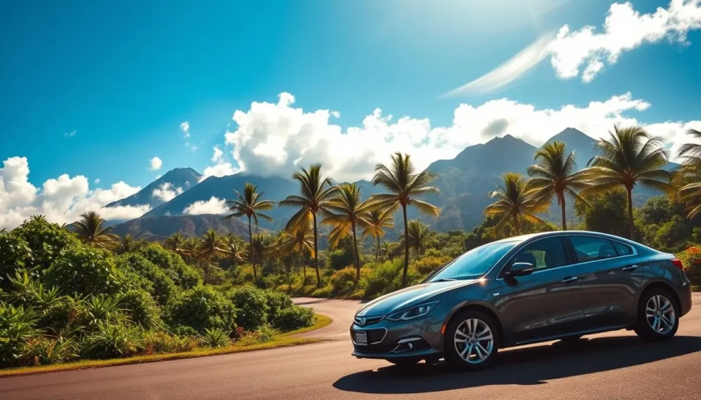 A scenic Hawaiian landscape with a sleek, modern rental car prominently in the foreground. The car is parked on a paved road winding through lush, verdant foliage, with towering palm trees and a blue sky dotted with fluffy white clouds above. In the background, majestic volcanic mountains rise up, their peaks partially obscured by wispy clouds. The scene is bathed in warm, golden sunlight, creating a serene and inviting atmosphere. The rental car is the focal point, gleaming in the sunlight and conveying a sense of adventure and exploration.