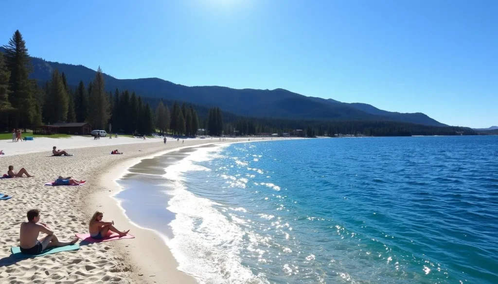 A scenic Lake Tahoe beach on a bright, sunny day. Pristine blue waters lap gently against a sandy shoreline, surrounded by towering pine-covered mountains in the background. Sunlight glimmers off the surface, creating a serene and inviting atmosphere. In the foreground, people relax on beach towels, enjoying the warm weather and taking in the breathtaking natural landscape. The image is captured with a wide-angle lens, showcasing the expansive beauty of this idyllic lakeside setting.