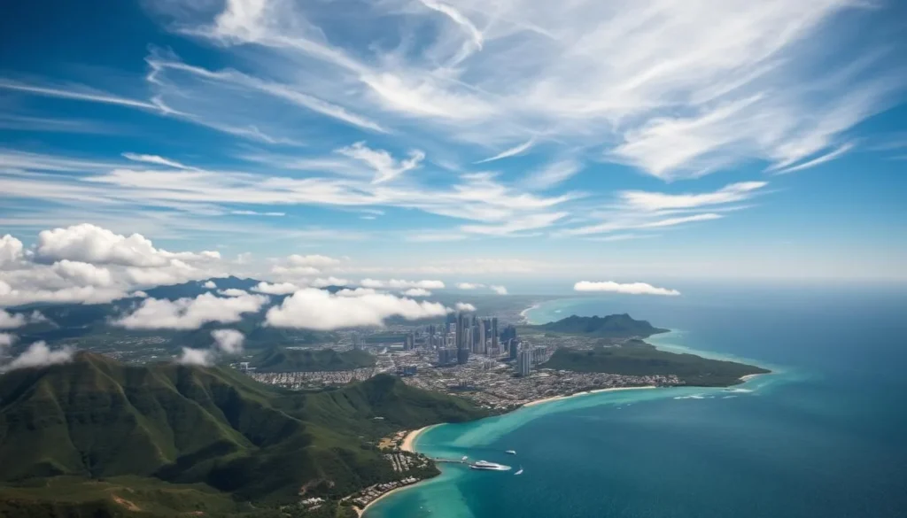 A scenic aerial view of Honolulu, showcasing the intricate weather patterns throughout the year. The city is nestled between lush, verdant hills and the sparkling azure waters of the Pacific Ocean. Wisps of clouds drift across the sky, casting dynamic shadows on the landscape below. The temperature variations are represented by a gradient, transitioning from the warmer tones of the city center to the cooler hues of the surrounding areas. The image is captured through a wide-angle lens, providing a comprehensive perspective on Honolulu's diverse microclimates. The lighting is soft and natural, creating a tranquil, postcard-worthy atmosphere.