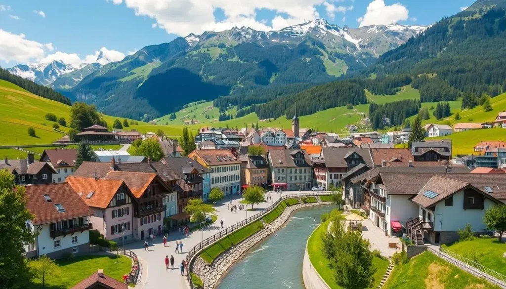 A scenic aerial view of the picturesque town of Appenzell, Switzerland, on a sunny day. The historic buildings with their distinctive Swiss architecture are nestled between rolling green hills and towering snow-capped mountains in the background. A winding river cuts through the town center, with pedestrians strolling along the quaint cobblestone streets. Capture the quintessential charm and tranquility of this Alpine destination, showcasing its idyllic setting and highlighting the practical travel tips visitors might find useful for planning their visit.
