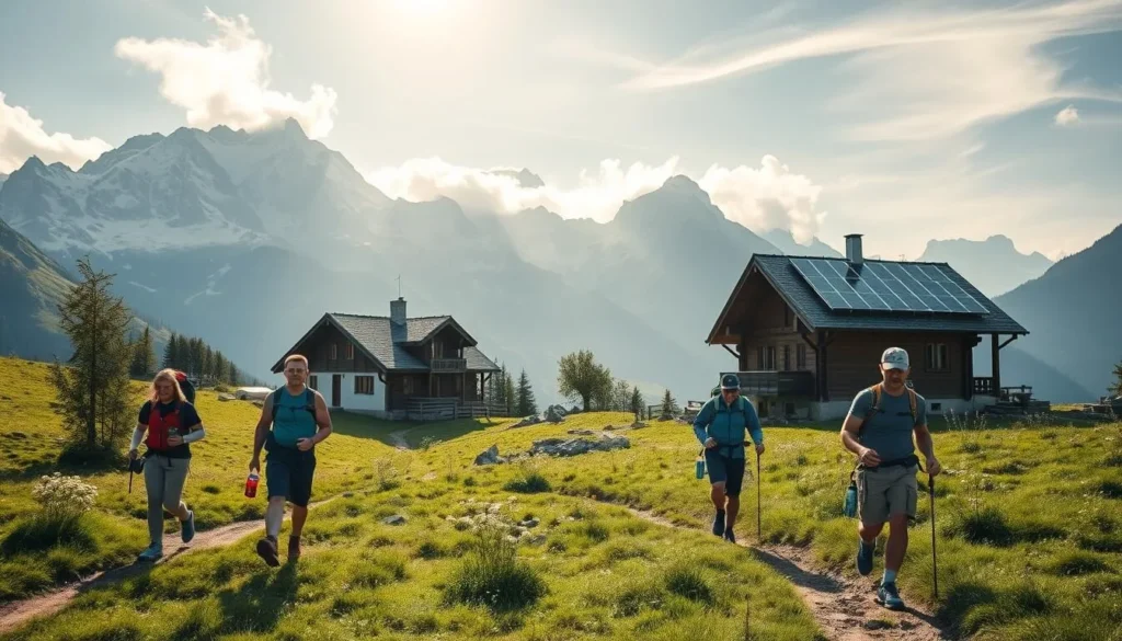 A scenic alpine landscape in the Swiss Alps, showcasing sustainable tourism practices. In the foreground, a group of hikers trekking along a well-maintained trail, carrying reusable water bottles and wearing eco-friendly gear. In the middle ground, a traditional Alpine chalet with a solar panel array on the roof, surrounded by lush meadows and wildflowers. In the background, towering snow-capped peaks are illuminated by soft, golden sunlight filtering through wispy clouds. The overall atmosphere conveys a sense of environmental stewardship, outdoor adventure, and the natural beauty of the Swiss Alps.