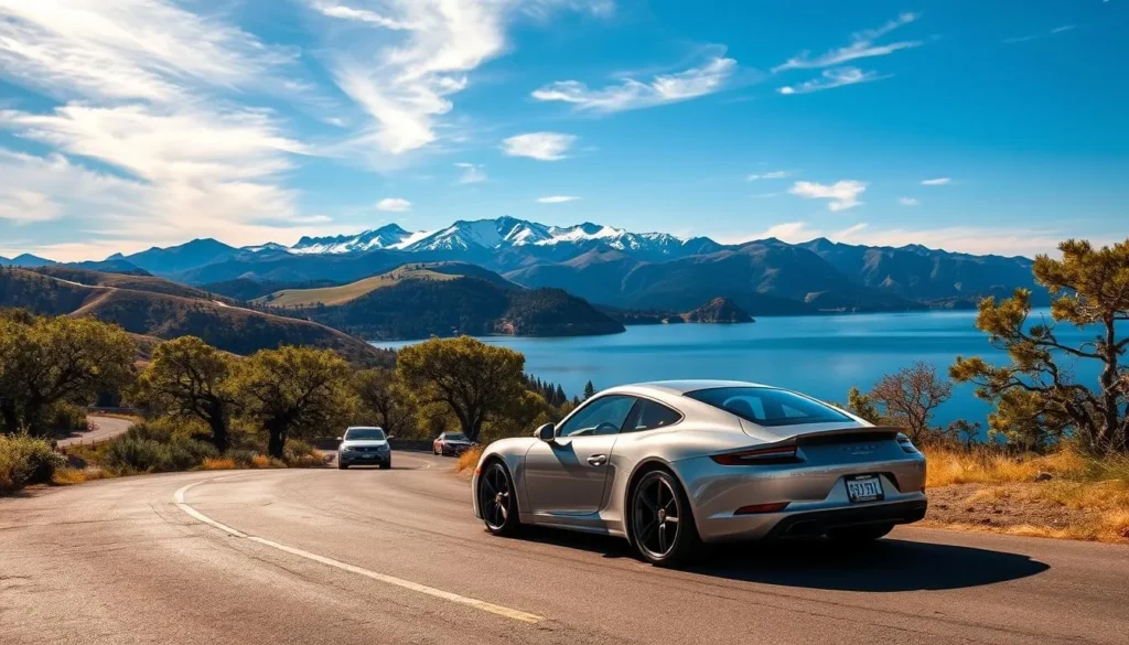 A scenic auto tour along the winding roads of Coyote Lake, California. In the foreground, a sleek sports car navigates the serpentine asphalt, its chrome glinting in the warm afternoon sunlight. The middle ground reveals lush, rolling hills dotted with oak trees, their branches swaying gently in the cool breeze. In the distance, the tranquil waters of Coyote Lake shimmer, framed by rugged, snow-capped peaks that pierce the crisp, azure sky. Wispy clouds drift overhead, casting soft shadows that dance across the landscape. The scene exudes a sense of peaceful exploration, inviting the viewer to discover the natural beauty of this picturesque region.