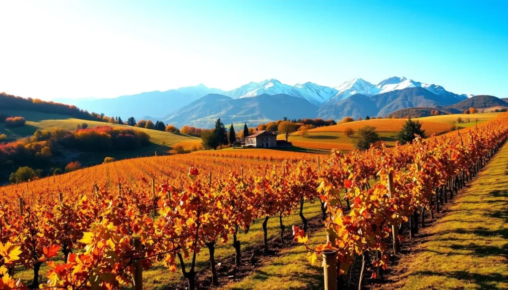 A scenic autumn landscape in the Rhône Valley, France. Lush, rolling vineyards bathed in golden sunlight, their leaves ablaze with vibrant hues of red, orange, and yellow. In the foreground, rows of grapevines stretch out, their twisted vines casting intricate shadows on the fertile soil. In the middle ground, a picturesque stone farmhouse or winery nestled among the vines, its rustic charm complementing the pastoral setting. The background showcases the majestic, snow-capped peaks of the French Alps, their jagged silhouettes creating a dramatic contrast against the cloudless azure sky. The scene exudes a serene, autumnal atmosphere, inviting the viewer to immerse themselves in the beauty of this renowned wine-producing region.