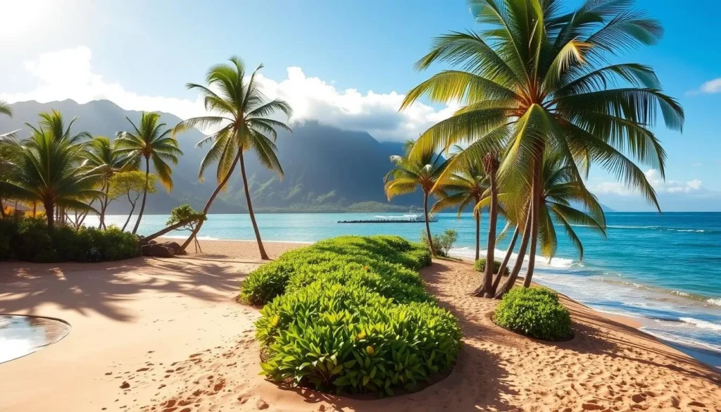 A scenic beach on the island of Kauai, Hawaii, with soft golden sand, gentle waves lapping the shore, and lush green palm trees swaying in the breeze. The sun casts a warm, natural light, creating a serene and inviting atmosphere. In the middle ground, a winding path leads visitors towards the beach, flanked by vibrant tropical foliage. In the background, majestic mountains rise up, their peaks capped with wispy clouds. The overall scene evokes a sense of tranquility and the beauty of the Hawaiian Islands.