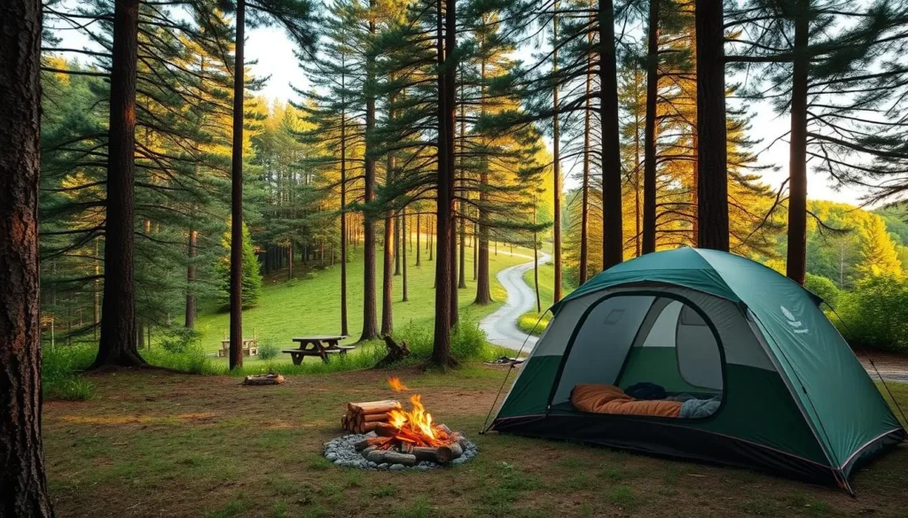 A scenic campsite nestled in a lush forest, with towering pine trees framing the view. A well-appointed tent, complete with a cozy sleeping bag and a small campfire, sits on a soft, grassy clearing. In the middle ground, a wooden picnic table and a stack of firewood suggest the comforts of outdoor living. In the background, a winding trail leads deeper into the verdant landscape, hinting at the tranquil adventures that await. Warm, natural lighting filters through the canopy, creating a serene and inviting atmosphere. The scene conveys the peaceful escapism and reconnection with nature that a camping trip at Hawn State Park can offer.