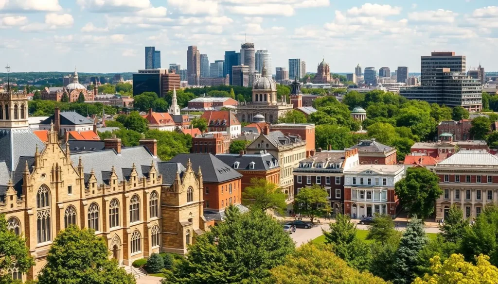 A scenic cityscape of New Haven, Connecticut on a pleasant day. In the foreground, the iconic Gothic architecture of Yale University's campus, with its stately halls and lush green lawns. In the middle ground, the historic downtown area with its charming New England-style buildings, bustling with locals and visitors. The background features the picturesque skyline, with the spires of historic churches and the sleek modern towers of the city's financial district. The scene is bathed in warm, golden sunlight, creating a welcoming and vibrant atmosphere. The image should be captured with a wide-angle lens to showcase the full grandeur of the city's attractions.