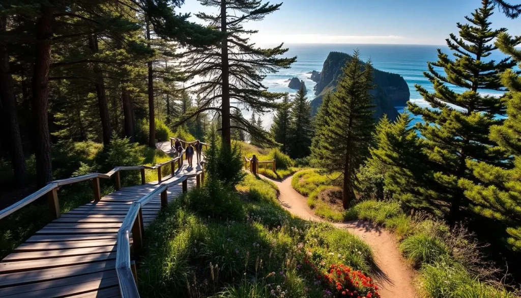 A scenic coastal trail winds through lush evergreen forests, leading to breathtaking views of the Pacific Ocean. Bright sunlight filters through the canopy, casting a warm glow on the weathered wooden boardwalks and well-trodden dirt paths. In the distance, the rugged cliffs of Depoe Bay stand tall, their rocky outcroppings rising above the crashing waves. Hikers pause to admire the panoramic vistas, taking in the majesty of the Oregon coastline. The trail is dotted with vibrant wildflowers, their petals swaying gently in the ocean breeze. This peaceful outdoor oasis offers a perfect escape for adventure-seekers and nature enthusiasts alike.