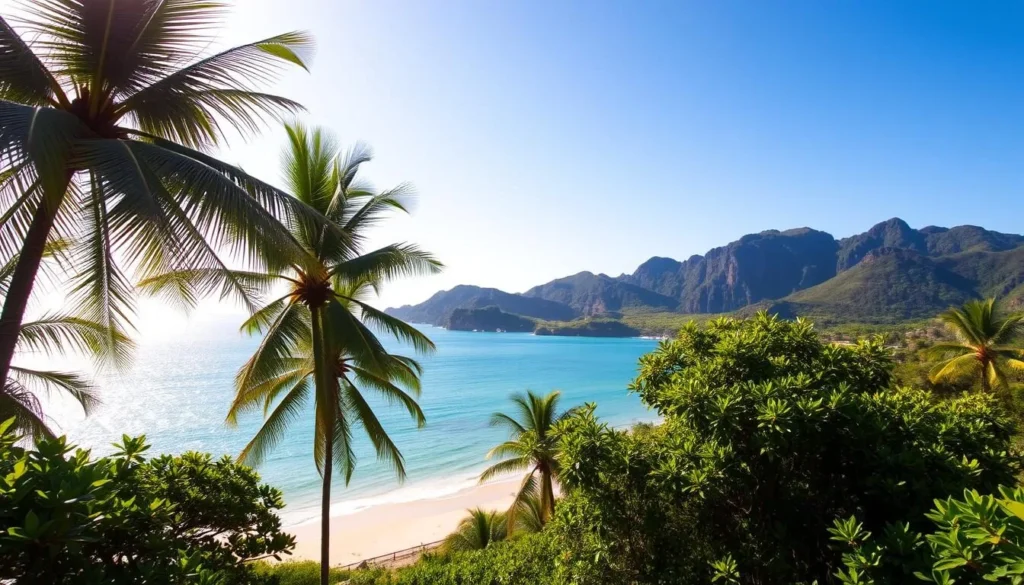 A scenic coastal vista of Con Dao Islands, Vietnam, under a warm, sunny sky. In the foreground, lush tropical foliage and palm trees sway gently in a light breeze. The middle ground features a picturesque sandy beach and crystal-clear turquoise waters lapping at the shore. In the background, rugged, verdant mountains rise up, creating a stunning natural backdrop. The scene is bathed in soft, diffused lighting, casting a serene, peaceful atmosphere. Capture this unique island climate, where the land, sea, and sky seamlessly blend together in perfect harmony.