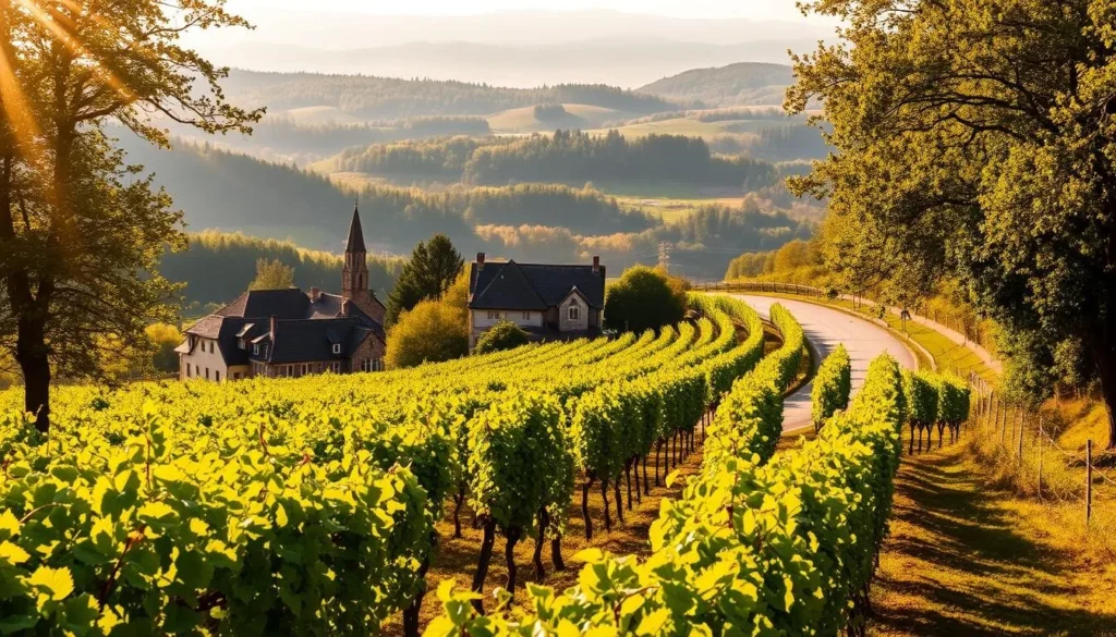A scenic country road winding through the rolling hills of Alsace, France, with vineyards and picturesque villages lining the route. Warm, golden sunlight filters through the trees, casting a soft, inviting glow over the landscape. In the foreground, rows of lush, verdant grapevines stretch out as far as the eye can see, their leaves rustling gently in the breeze. The middle ground features a quaint, stone-built village with charming half-timbered houses and a church steeple peeking out from among the rooftops. In the distance, the horizon is dotted with the silhouettes of rolling hills and forested areas, creating a serene and picturesque backdrop. The overall atmosphere is one of tranquility, inviting the viewer to explore the beauty and charm of the Alsace Wine Route.