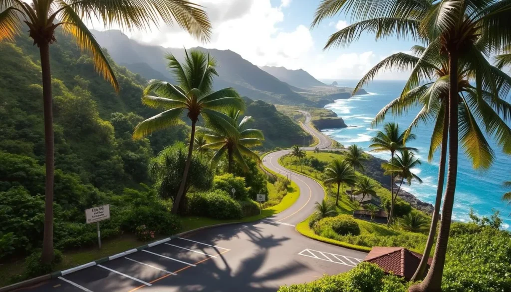 A scenic country road winds through lush, verdant hillsides, leading to the famous Road to Hana. In the foreground, a well-maintained parking area sits nestled among the tropical foliage, with clearly marked stalls and signage encouraging visitors to be mindful of the local community. Sunlight filters through the swaying palm trees, casting a warm, golden glow over the scene. In the distance, the iconic Hana highway snakes along the coastline, framed by rugged cliffs and the sparkling azure waters of the Pacific Ocean. The overall atmosphere evokes a sense of tranquility and respect for the natural beauty of Maui.