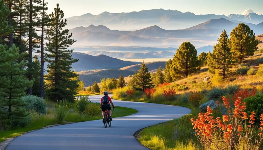 A scenic cycling trail winding through the lush, verdant landscapes of Silver City, New Mexico. In the foreground, a cyclist navigates the smooth, winding path, surrounded by towering pines and vibrant wildflowers. The middle ground features rolling hills and distant mountains, bathed in the warm glow of the afternoon sun. The background is a panoramic vista of the rugged, picturesque terrain that defines the natural beauty of this outdoor haven. Capture the essence of adventure and exploration, with a sense of tranquility and serenity that embodies the essence of Silver City's outdoor experiences.