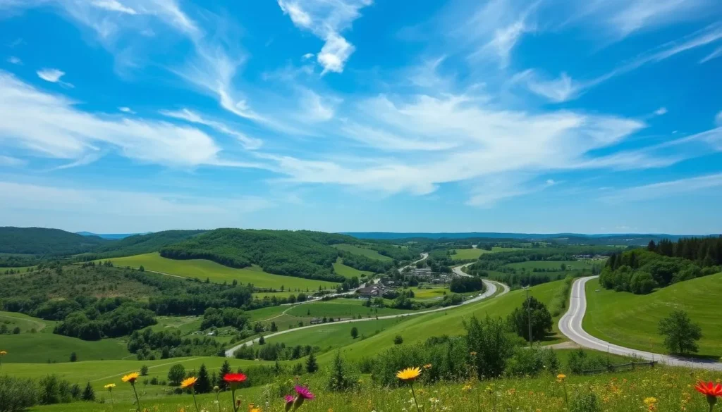 A scenic day trip through the lush countryside surrounding Branson, Missouri. Capture a rolling landscape of verdant hills and winding roads, with a quaint, charming town nestled in the distance. Depict a bright, sunny day with wispy clouds drifting across a brilliant azure sky. Highlight the natural beauty of the region, with vibrant wildflowers dotting the foreground and mature, towering trees lining the horizon. Showcase the tranquil, peaceful atmosphere, inviting the viewer to imagine themselves embarking on an adventure through this picturesque Ozark setting.