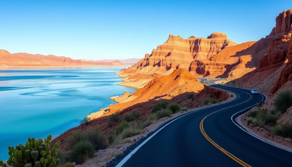 A scenic drive along the winding road hugging the shores of the vast, turquoise Lake Mead. Rugged, sun-drenched cliffs and canyons in shades of ochre and vermillion tower in the distance, casting dramatic shadows across the tranquil waters. Sunlight glimmers off the glassy surface, illuminating the diverse desert vegetation lining the road. The warm, arid breeze carries the scent of sage and juniper. A serene, peaceful landscape that invites exploration and quiet contemplation.