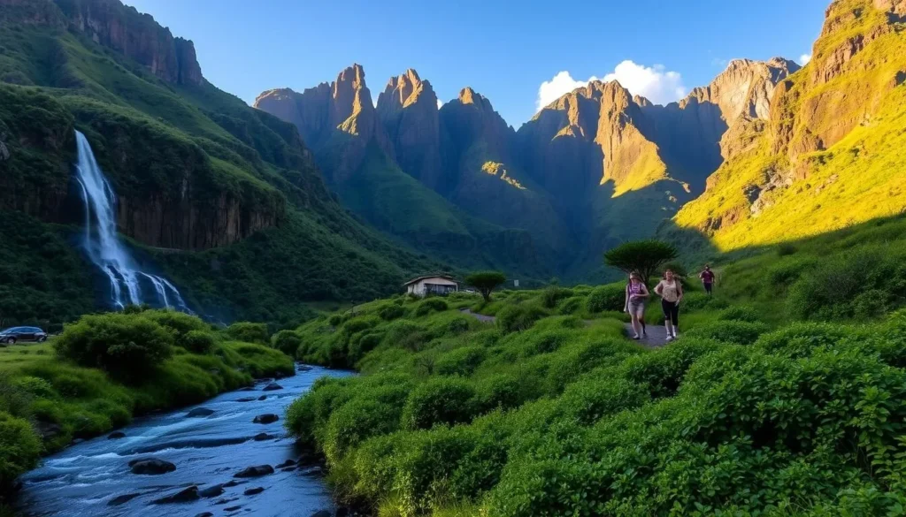 A scenic hike through Hālawa Valley, Molokai, Hawaii. A lush, verdant trail winds through towering cliffs and cascading waterfalls, bathed in warm, golden sunlight. In the foreground, a flowing stream cuts through the landscape, its gentle ripples reflecting the surrounding greenery. In the middle ground, hikers traverse the path, taking in the breathtaking vistas of the valley. The background is dominated by towering, jagged peaks, their rugged surfaces contrasting with the soft, verdant foliage. The atmosphere is one of peaceful tranquility, inviting the viewer to immerse themselves in the natural splendor of this enchanting Hawaiian destination.