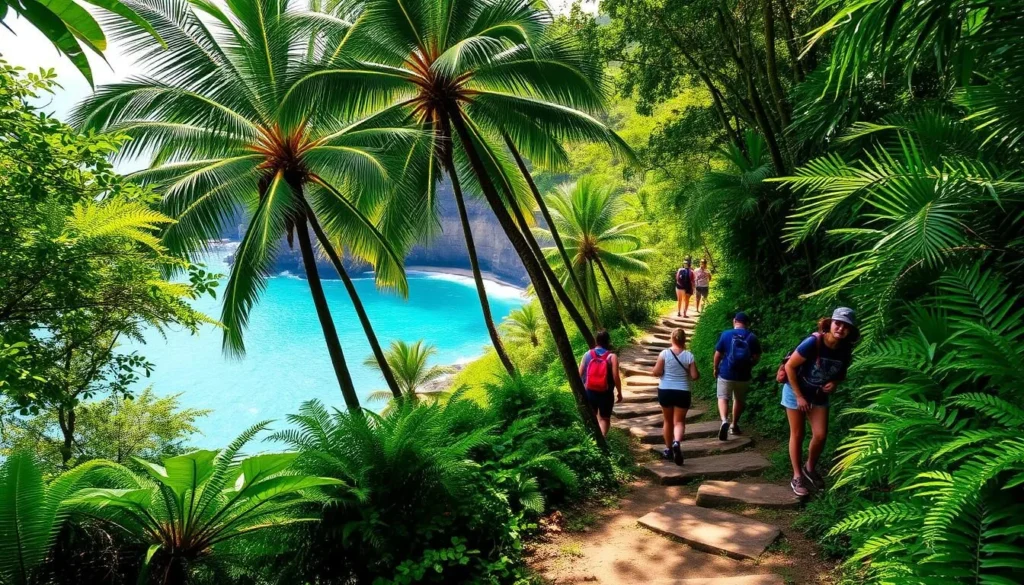 A scenic hike through lush tropical foliage, leading to the breathtaking Queen's Bath tidal pool on the rugged Kauai coast. The path winds through verdant ferns and towering palm trees, sunlight filtering through the canopy. In the distance, glimpse the shimmering turquoise waters of the natural pool, framed by dramatic cliffs. Capture the tranquil mood as hikers carefully navigate the final rocky descent, eager to immerse themselves in the refreshing tidal waters. Showcase the beauty of this iconic Hawaiian destination with a clean, realistic rendering that captures the essence of the journey to Queen's Bath.