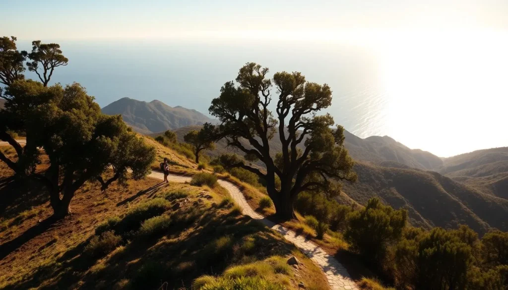 A scenic hike through the lush, rolling hills of the Santa Monica Mountains, bathed in the warm glow of the California sun. Towering oak trees line the winding trails, casting dappled shadows over the rugged terrain. In the distance, the majestic Pacific Ocean shimmers on the horizon, a sparkling backdrop to the rugged peaks and ravines. Hikers traverse the well-maintained paths, taking in the breathtaking vistas and the tranquil, natural beauty of this iconic California landscape. The scene is one of serenity and adventure, capturing the essence of the Santa Monica Mountains as a premier outdoor destination.