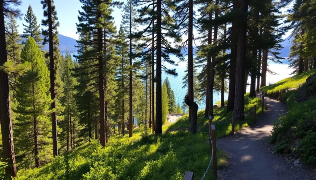 A scenic hiking trail along the picturesque Lake Almanor in Northern California. The trail winds through a lush, verdant forest, with towering pine trees lining the path. Sunlight filters through the canopy, casting a warm, golden glow over the scene. In the distance, the crystal-clear waters of the lake glimmer, inviting hikers to take a refreshing break and soak in the serene and tranquil atmosphere. The trail is well-maintained, with gentle slopes and occasional wooden bridges, making it an ideal destination for both casual strollers and avid outdoor enthusiasts. The overall mood is one of peaceful solitude and immersion in the natural beauty of the region.