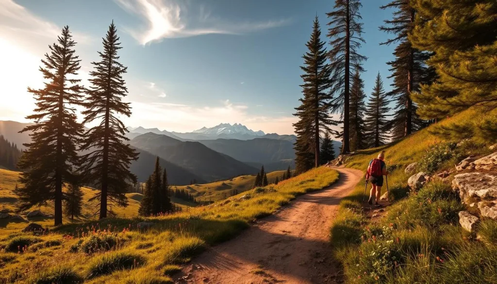 A scenic hiking trail winding through a lush, alpine landscape. In the foreground, a well-maintained dirt path leads the viewer deeper into the frame, flanked by towering pine trees and vibrant wildflowers. The middle ground reveals a series of rolling hills, their slopes covered in a patchwork of verdant meadows and rocky outcroppings. In the distance, the iconic snow-capped peaks of the Swiss Alps rise majestically, bathed in warm, golden sunlight filtering through wispy clouds. The overall atmosphere exudes a sense of tranquility and adventure, inviting the viewer to embark on an invigorating outdoor excursion.