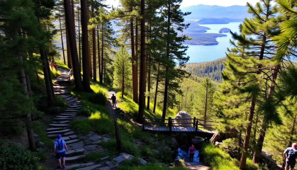 A scenic hiking trail winding through lush green forests, with towering pine trees lining the path. Sunlight filters through the canopy, casting a warm, golden glow on the trail and the hikers below. In the distance, glimpses of the sparkling blue waters of the San Luis Reservoir can be seen, framed by rolling hills and rugged rock formations. The trail is well-maintained, with natural stone steps and wooden bridges crossing gentle streams. Hikers of all ages explore the path, taking in the serene and picturesque surroundings. The overall atmosphere is one of peaceful adventure, inviting visitors to immerse themselves in the beauty of the Californian landscape.