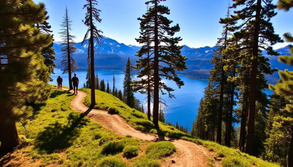 A scenic hiking trail winding through lush, verdant foothills, leading towards the shimmering waters of Pyramid Lake. Tall pine trees line the path, casting dappled shadows on the well-maintained dirt trail. Rugged, snow-capped mountains rise in the distance, creating a breathtaking backdrop. Warm, golden sunlight filters through the canopy, illuminating the trail and the surrounding nature. Hikers in the distance can be seen enjoying the peaceful, serene atmosphere. The image conveys a sense of adventure, exploration, and connection with the great outdoors.