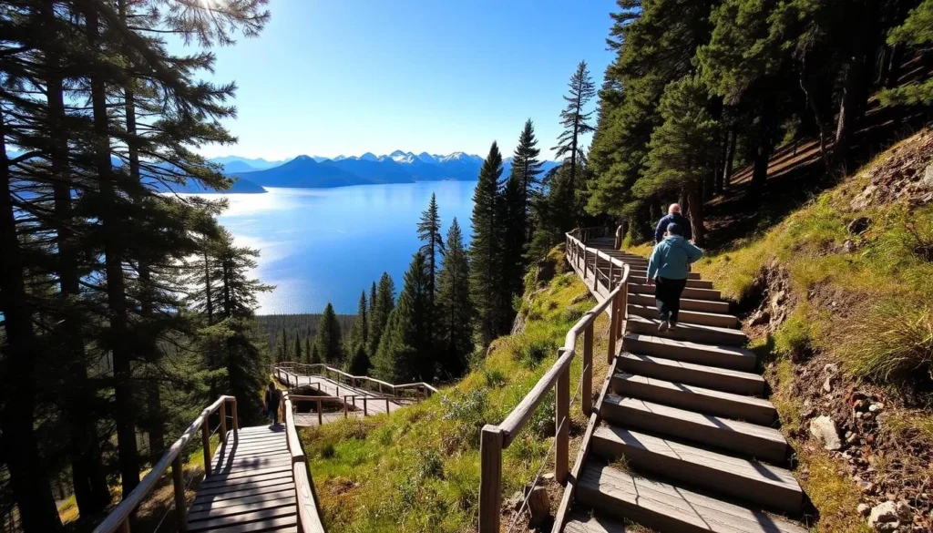 A scenic hiking trail winding through the lush, pine-forested slopes of Flathead Lake, Montana. Sunlight filters through the canopy, casting a warm glow on the weathered wooden footbridges and smooth, gray stone steps leading up the gentle incline. In the distance, the deep blue waters of the lake glisten, framed by the rugged, snow-capped peaks of the Mission Mountains. Hikers traverse the well-marked path, taking in the breathtaking vistas and serene wilderness. A peaceful, tranquil scene capturing the essence of outdoor adventure at Flathead Lake.