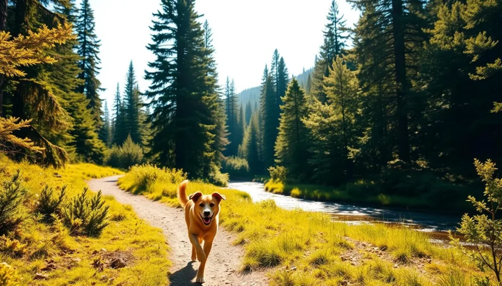 A scenic hiking trail winds through a lush, verdant forest, bathed in warm, golden sunlight. In the foreground, a happy, energetic dog trots along the path, its fur glistening. The middle ground features a gently flowing stream, its crystal-clear waters reflecting the surrounding foliage. In the background, towering pine trees stand tall, their branches casting dappled shadows on the trail. The atmosphere is serene and peaceful, inviting hikers and their canine companions to explore the natural beauty of this dog-friendly outdoor haven.