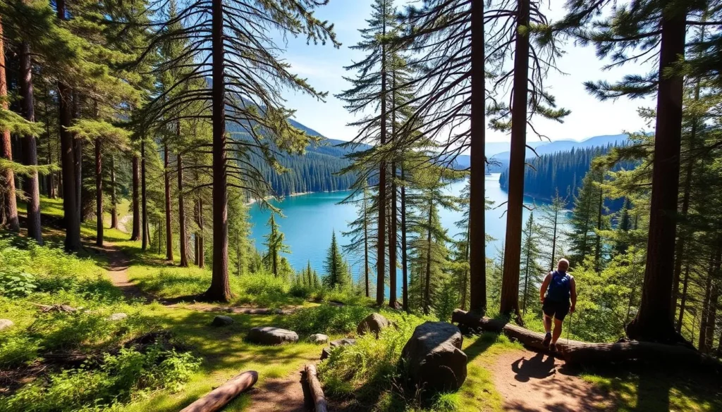 A scenic hiking trail winds through a lush, verdant forest. Tall, towering trees frame the path, casting dappled sunlight across the ground. In the distance, a crystal-clear lake shimmers, its calm waters reflecting the surrounding foliage. Hikers traverse the trail, taking in the serene beauty of the natural landscape. The air is crisp and clean, with a gentle breeze rustling the leaves. Boulders and fallen logs dot the trail, adding to the rugged, untamed charm of the setting. The overall mood is one of tranquility and adventure, inviting visitors to immerse themselves in the natural splendor of the great outdoors.