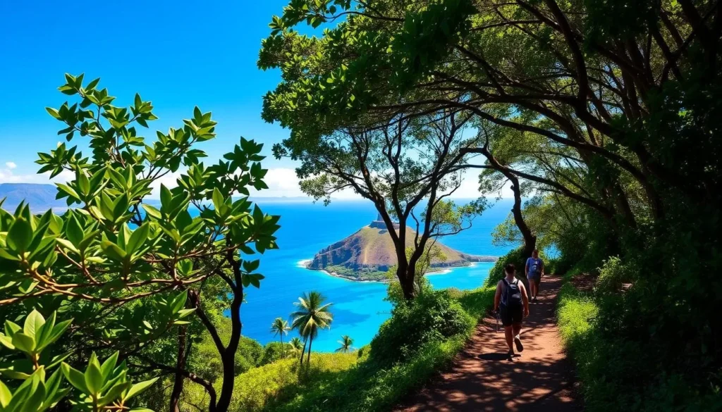 A scenic hiking trail winds through lush, verdant foliage, leading to the majestic Captain Cook Monument perched atop a rocky outcrop overlooking the turquoise waters of Kealakekua Bay. Sunlight filters through the canopy, casting a warm glow on the trail and the towering monument. In the middle ground, hikers traverse the well-maintained path, taking in the breathtaking vistas. The background features the serene, azure Pacific Ocean, with distant hills and a clear, blue sky overhead, creating a peaceful, idyllic atmosphere. Capture the beauty and tranquility of this iconic Hawaiian landscape.