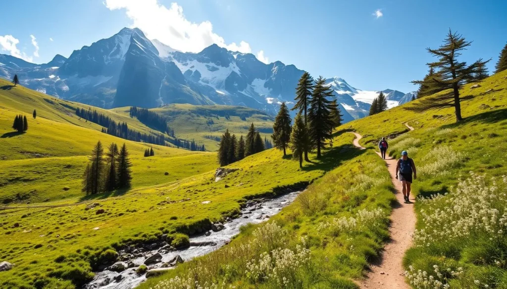 A scenic hiking trail winds through the lush, rolling meadows of the Appenzell Alps in Switzerland. Towering, snow-capped peaks rise majestically in the distance, their rugged slopes speckled with patches of vibrant wildflowers. The path meanders alongside a crystal-clear stream, its gentle murmurs complementing the soft rustling of the alpine breeze through the dense, verdant foliage. Dappled sunlight filters through the canopy of pine and fir trees, casting a warm, golden glow over the serene, pastoral landscape. Hikers traverse the well-maintained trail, their steps light and energetic as they take in the breathtaking vistas of this picturesque, untamed alpine paradise.