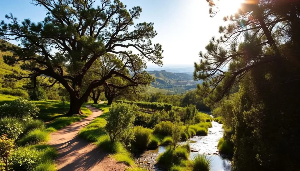 A scenic hiking trail winds through the lush, verdant hills of Napa Valley. Sunlight filters through the canopy of towering oak and pine trees, casting a warm, golden glow over the scene. In the foreground, a well-maintained dirt path leads hikers along the banks of a gently flowing river, its clear waters reflecting the surrounding foliage. Farther in the distance, rolling vineyards and distant mountains create a picturesque backdrop, hinting at the broader beauty of this renowned wine region. The overall atmosphere is one of tranquility and natural splendor, inviting visitors to immerse themselves in the serene outdoors.