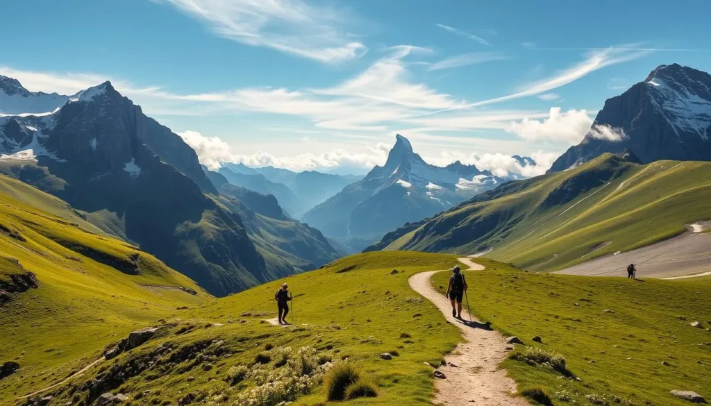 A scenic hiking trail winds through the majestic Swiss Alps, leading from the Gornergrat viewpoint to the Riffelberg. Towering snow-capped peaks frame the path, their rugged slopes dotted with alpine flora. The trail cuts through lush, verdant meadows, offering sweeping vistas of the Matterhorn in the distance. Warm sunlight filters through wispy clouds, casting a golden glow over the landscape. Hikers navigate the well-marked trail, taking in the breathtaking panorama of the Valais region. The scene exudes a sense of peaceful tranquility, inviting visitors to immerse themselves in the natural beauty of this iconic Swiss hiking destination.