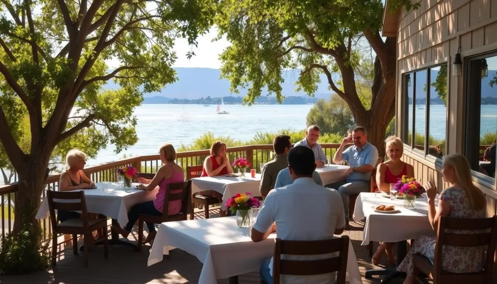 A scenic lakeside dining scene at Lake Hemet, California. A quaint wooden deck overlooking the serene lake, with lush greenery and distant mountains in the background. Patrons enjoy alfresco dining under the warm afternoon sun, savoring local cuisine and taking in the tranquil ambiance. The wooden tables are adorned with crisp white tablecloths and colorful floral arrangements. Soft natural lighting filters through the canopy of trees, creating a peaceful, relaxing atmosphere. A mild breeze ruffles the surface of the lake, where a few sailboats gently glide across the water. An idyllic setting for a leisurely meal amidst the natural beauty of Lake Hemet.