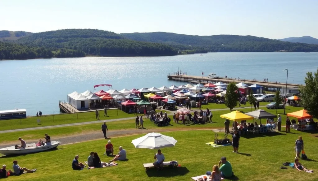 A scenic lakeside setting at the Lake of the Ozarks, Missouri, under a warm, golden afternoon sun. In the foreground, families and friends enjoy outdoor activities like boating, fishing, and picnicking on the lush, grassy shores. In the middle ground, colorful tents and booths of a bustling seasonal festival line the waterfront, showcasing local crafts, cuisine, and live music. The background features the tranquil, shimmering waters of the lake, surrounded by rolling hills and verdant forests. Capture the vibrant, festive atmosphere of a Lake of the Ozarks event, showcasing the natural beauty and lively spirit of this beloved Midwest destination.