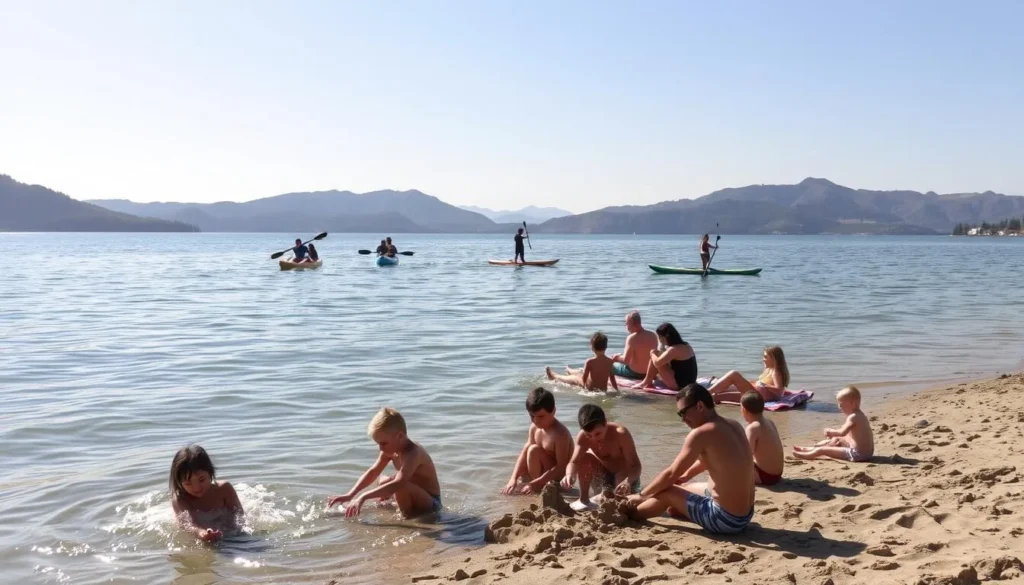 A scenic lakeside setting with families enjoying various activities. In the foreground, children play in the shallows, splashing and building sandcastles. In the middle ground, a group of adults relax on blankets, sharing a picnic. Beyond them, kayakers and stand-up paddleboarders glide across the calm, crystal-clear waters of Lake Santa Margarita. In the background, lush green hills and a bright, warm sky create a tranquil, idyllic atmosphere. The scene is bathed in soft, natural lighting, capturing the beauty and serenity of this family-friendly outdoor destination.