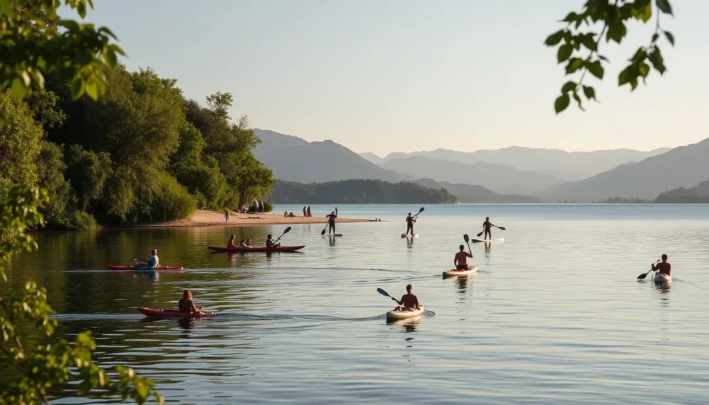 A scenic lakeside setting with lush green foliage surrounding the shores of Lake Hennessy. In the foreground, a group of people enjoying alternative water-based activities such as kayaking, stand-up paddleboarding, and canoeing, with the calm, reflective surface of the lake creating a serene atmosphere. The middle ground features a small beach area with beachgoers relaxing on the sand. In the background, rolling hills and mountains create a picturesque landscape, illuminated by warm, natural lighting. The overall mood is one of tranquility and outdoor leisure.