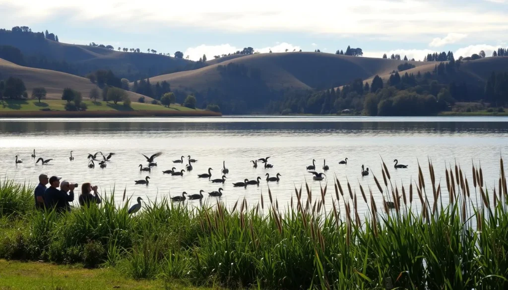 A scenic lakeside vista at Lake Temescal, Oakland, California. In the foreground, a group of birdwatchers observe a variety of waterfowl - ducks, geese, and herons - floating peacefully on the calm, reflective surface of the lake. The middle ground features lush, verdant vegetation along the shoreline, with tall, swaying reeds and cattails. In the background, rolling hills dotted with oak trees create a picturesque natural backdrop, illuminated by warm, golden sunlight filtering through wispy clouds. The overall atmosphere is one of tranquility and appreciation for the abundant wildlife thriving in this urban oasis.