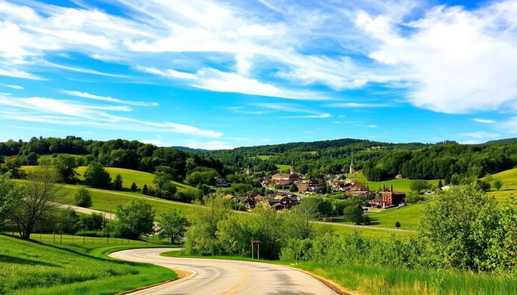A scenic landscape depicting the rolling hills and lush greenery of Saint Charles County, Missouri. In the foreground, a winding country road leads the viewer towards a quaint small town, its historic buildings and charming main street visible in the distance. The sky is bright and clear, with wispy clouds drifting overhead. In the middle ground, a mix of deciduous and evergreen trees dot the hillsides, their foliage casting dappled shadows on the ground below. The overall mood is one of tranquility and natural beauty, inviting the viewer to imagine themselves planning a leisurely visit to explore the area's attractions and outdoor adventures.