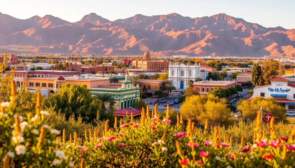 A scenic landscape of Hermosillo, Mexico, showcasing the city's vibrant seasonal changes. In the foreground, lush greenery and blooming flowers symbolize the pleasant spring season, with warm, soft lighting casting a golden glow. The middle ground features iconic adobe buildings and bustling city streets, capturing the vibrant energy of the summer months. In the background, rugged mountains rise up, their shadows shifting as the day progresses, representing the cooler autumn and winter seasons. The overall composition conveys the diverse beauty and charm of Hermosillo throughout the year, inviting the viewer to experience the city's rich tapestry of sights and sensations.