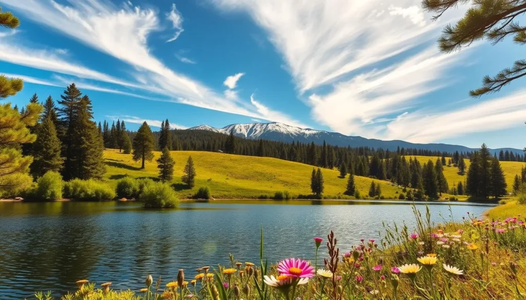 A scenic landscape of Lake Hennessy nestled in the rolling hills of California. In the foreground, a tranquil lake reflects the vibrant foliage and azure sky above. Towering evergreen trees frame the shoreline, casting soft shadows across the calm waters. In the middle ground, clusters of wildflowers dot the gently sloping terrain, adding pops of color to the lush, verdant environment. The background features a distant mountain range, its peaks dusted with a light powdering of snow, creating a picturesque and serene vista. Warm golden sunlight filters through wispy clouds, illuminating the scene with a soft, ethereal glow. The overall atmosphere evokes a sense of peace and natural beauty, capturing the essence of the best times to visit Lake Hennessy.